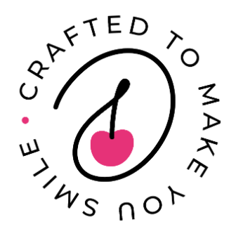 Circular logo with the text ‘Crafted to make you smile’ surrounding a stylized black line forming a cherry with a pink fruit