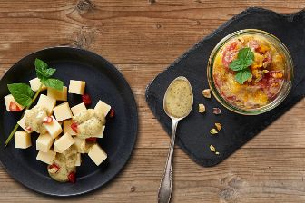 Käsesnack, Käsewürfel mit Tomaten-Mango-Salsa 