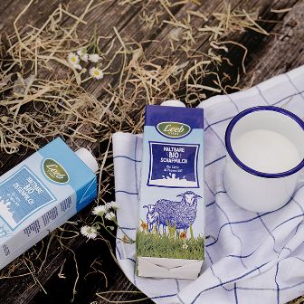 haltbare Schaf- und Ziegenmilch auf Geschirrtuch auf Holztisch